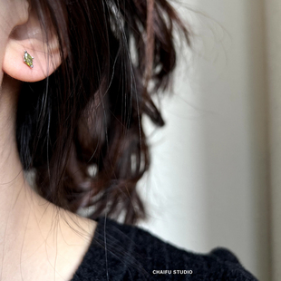 柴夫工作室 mini小巧精致蓝色锆石耳扣绿色菱形锆石耳钉耳环 E611