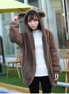 2024秋冬可爱小熊萌兔耳朵加厚保暖毛毛绒外套加绒学生卫衣潮8675