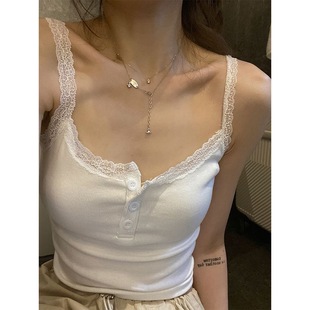打底衫 纯欲风法式 吊带背心女带胸垫内搭外穿性感蕾丝小众纽扣无袖
