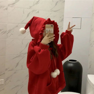 特大码胖2-300斤圣诞节连帽卫衣女装冬季宽松红色可爱外套潮
