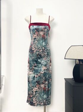 8248#秋冬长裙新中式国风花色丝绒拼接无袖吊带连衣裙+外搭