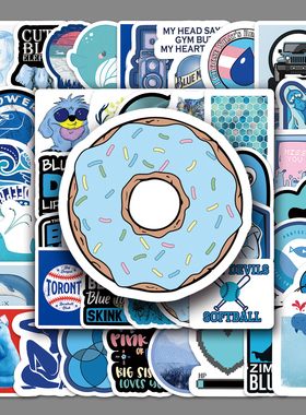 59张小清新蓝色系列贴纸创意卡通可爱Q版防水DIY手账咕卡涂鸦贴纸