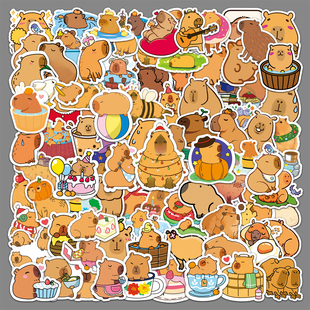 100张水豚贴纸CAPYBARA动物Q版小尺寸防水装饰自行车手机手帐贴纸