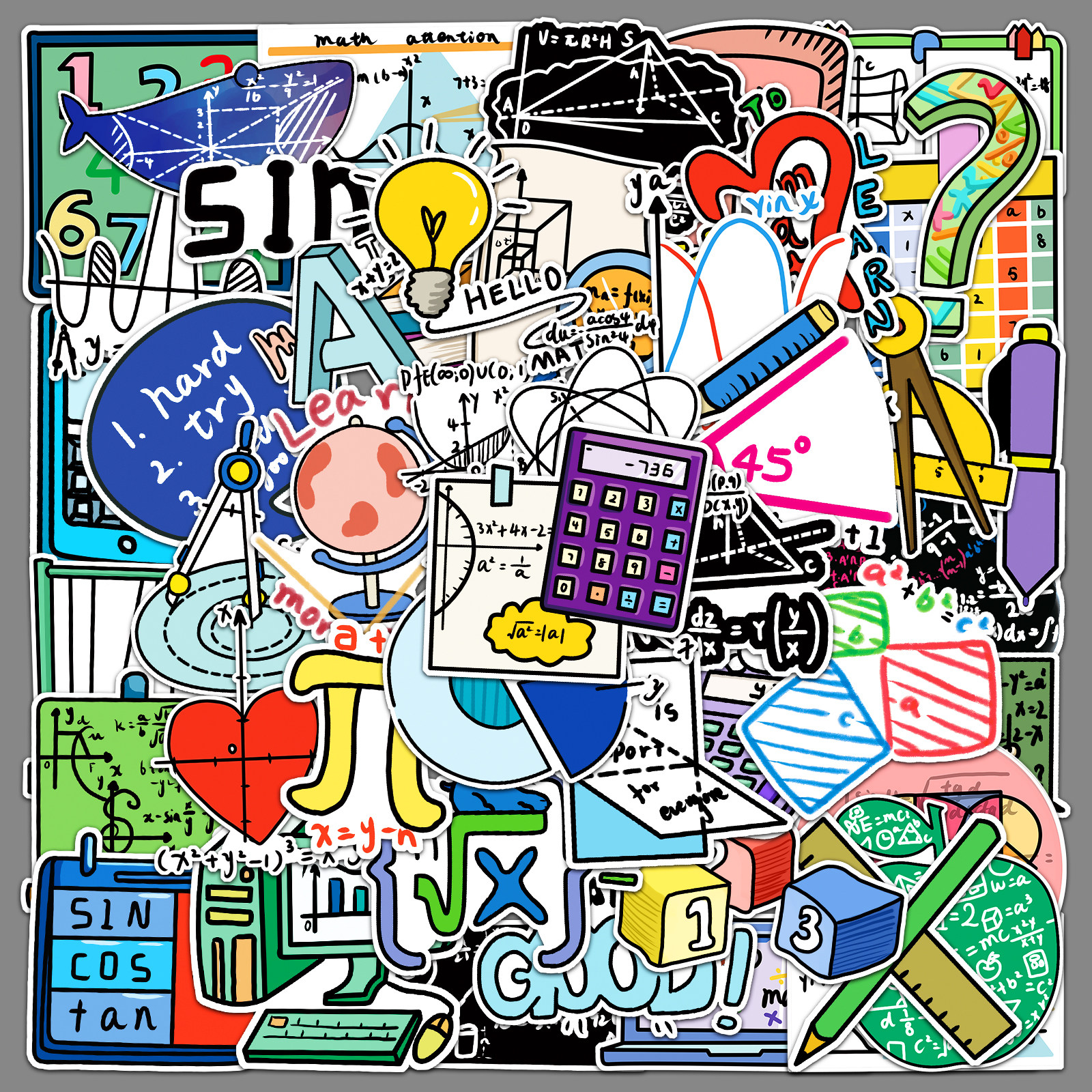 50张原创数学公式卡通儿童可爱diy手账本贴纸笔记本咕卡素材装饰