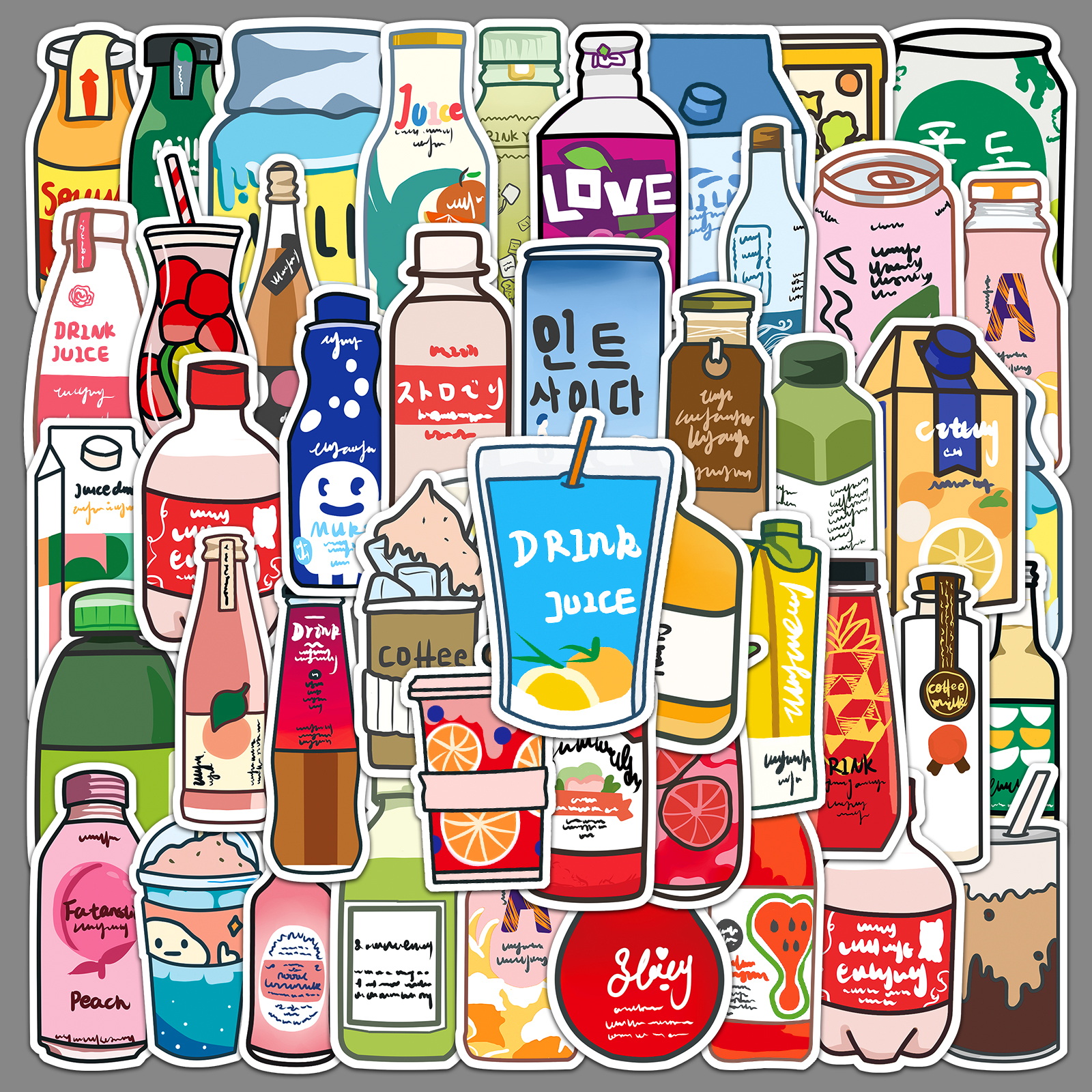 50张原创饮料瓶儿童贴纸卡通可爱涂鸦手账笔记本咕卡素材装饰防水