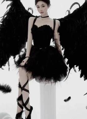 黑色羽毛晚礼服短款显瘦抹胸裙生日万圣节成人礼蓬蓬裙晚宴高级感