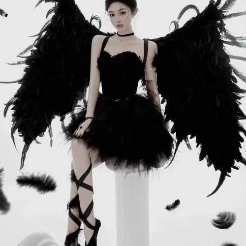 黑色羽毛生日派对酒会蓬蓬晚礼服