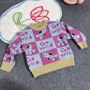 zz kids韩版复古拼接格子狗狗卡通可爱套头毛衣针织衫男童女童