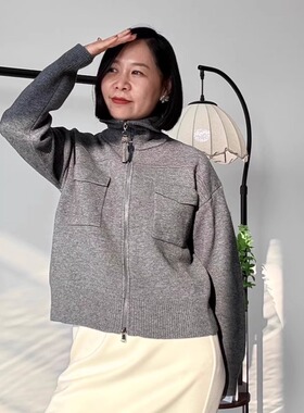 老钱风秋季立领双拉链上衣女短款宽松大口袋羊绒开衫灰色毛衣外套