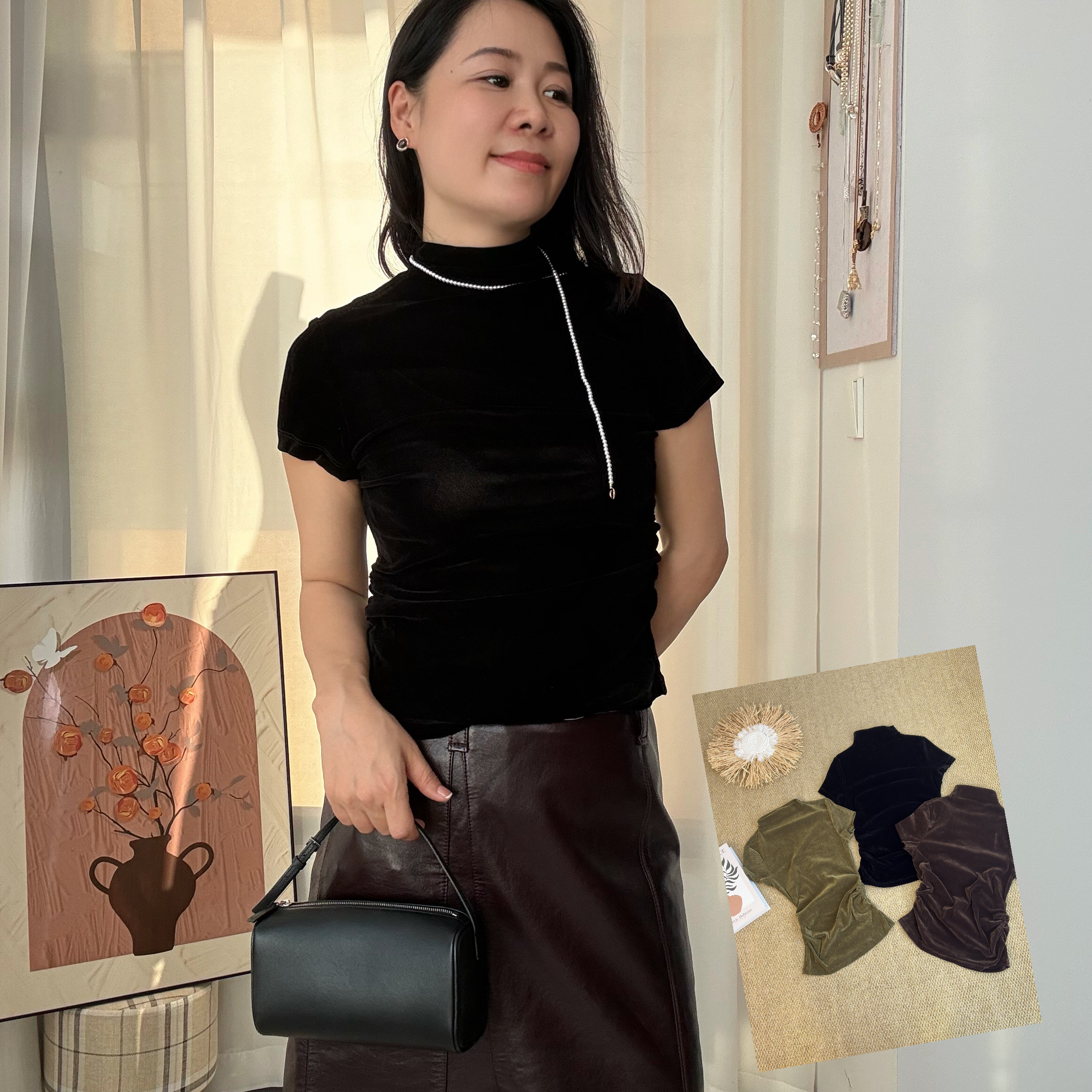 欧美辣妹风半高领短袖上衣女紧身收腰显瘦抽褶内搭植绒打底衫