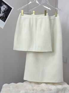 白色羊毛混纺半身裙中裙女秋冬高腰遮胯直筒包臀裙小个子a字裙
