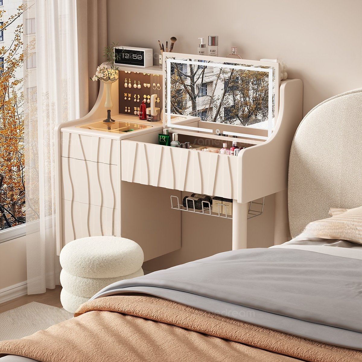 2026新款小户型梳妆台卧室现代简约氛围奶油风实木化妆桌斗柜一体,住宅家具,梳妆台+梳妆凳,淘宝优惠券,粉丝福利购,淘宝优惠卷