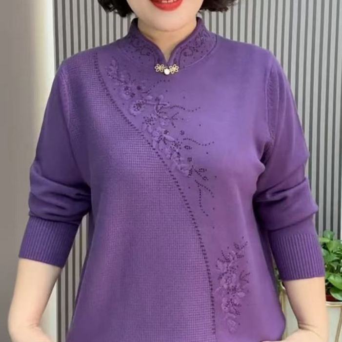 秋冬新款旗袍领长袖针织衫中老年妈妈宽松时尚洋气打底上衣女装