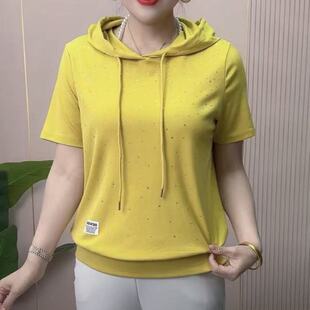 连帽宽松显瘦大码 T恤套头时尚 糖果色百搭上衣 女士短袖 夏季