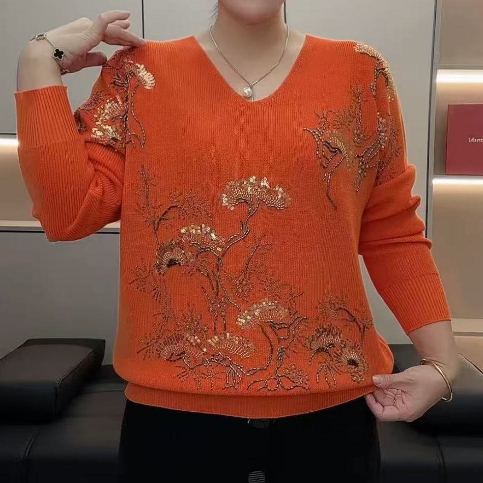 秋冬新款重工刺绣亮片妈妈休闲针织衫打底长袖宽松显瘦时尚上衣