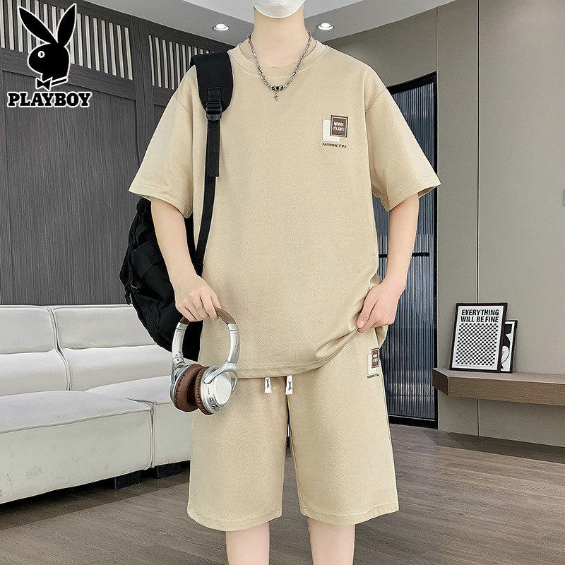 花花公子短袖t恤套装男生夏季青少年大童初高中学生松短裤两件套