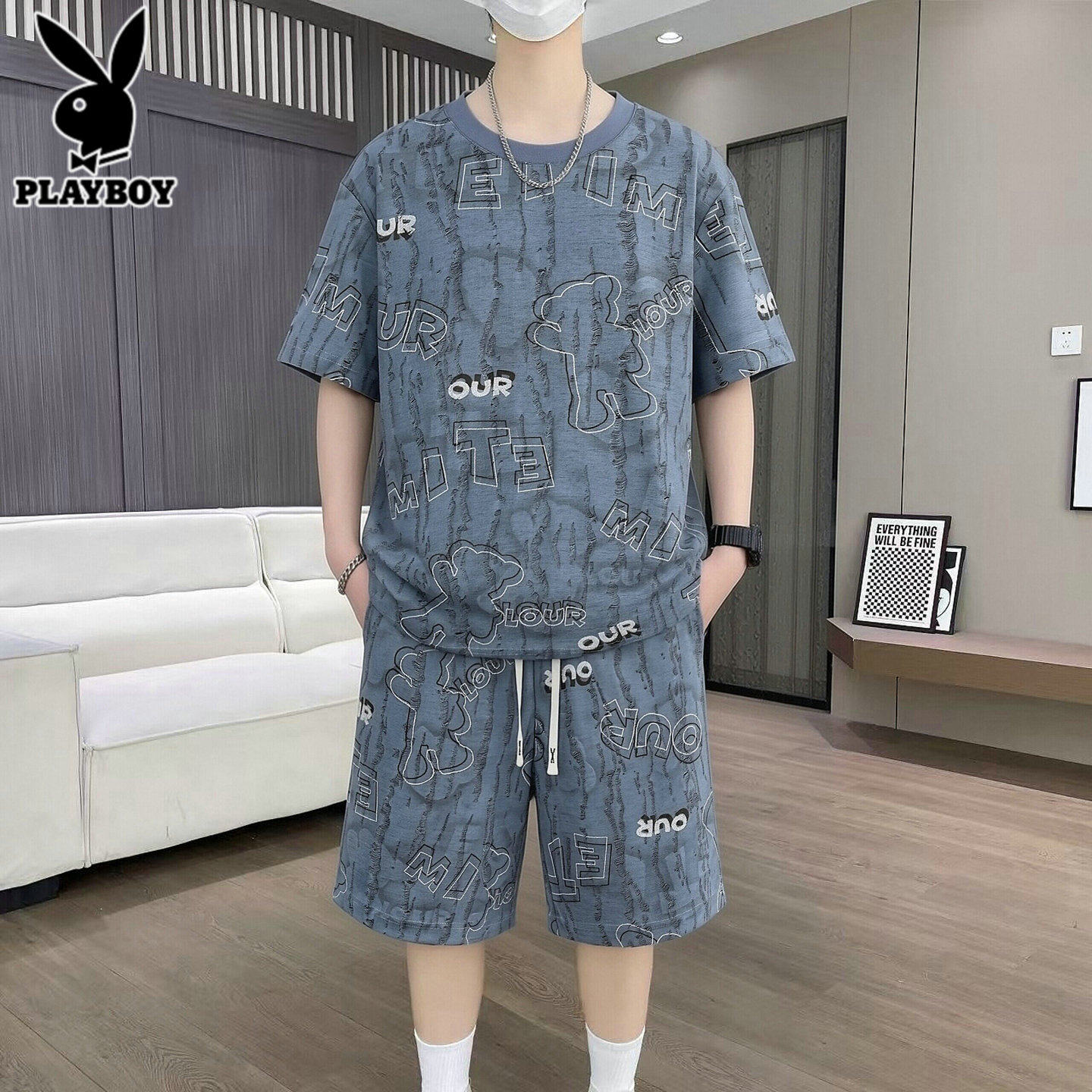 花花公子潮流穿搭休闲套装男士夏季2026新款短袖短裤运动衣服一套