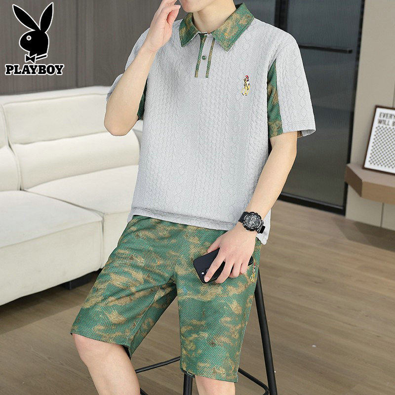 花花公子套装男款2026新款短袖T恤POLO衫短裤套装休闲套装上衣潮