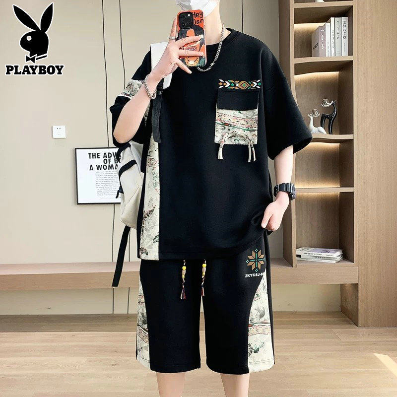 花花公子冰丝短袖t恤男夏季潮流初高中学生休闲套装男装一套穿搭