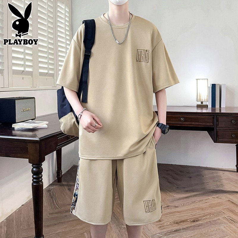 花花公子大童套装男生夏季初高中学生宽松透气短袖T恤短裤两件套