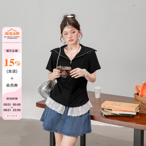 大码微胖mm收腰显瘦双拉链海军领短袖T恤女夏款蕾丝花边设计上衣