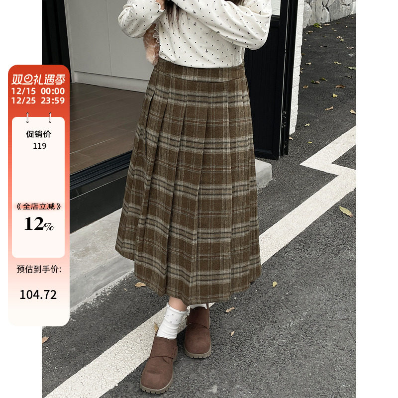 大码胖mm绝美巨好看的百褶裙子秋冬季女装加厚显瘦格纹毛呢半身裙