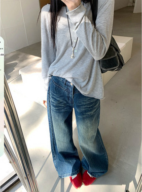 大码女装复古折痕牛仔裤女胖mm春季设计感遮胯宽松直筒水洗裤子