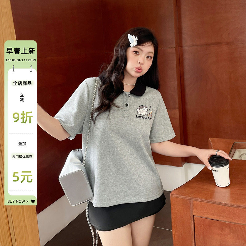 小草宽松定制夏季短袖polo领设计感上衣大码胖mm正肩独特漂亮t恤