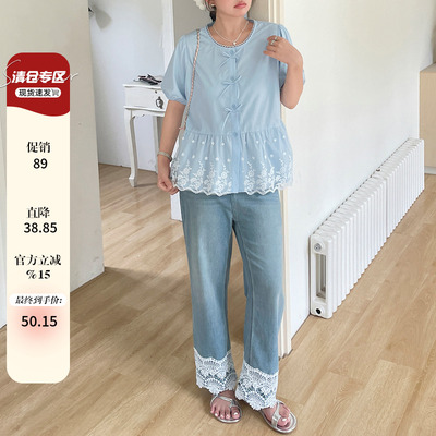 2025夏日轻薄阔腿牛仔裤胖mm大码女装蕾丝拼接韩版独特超好看裤子