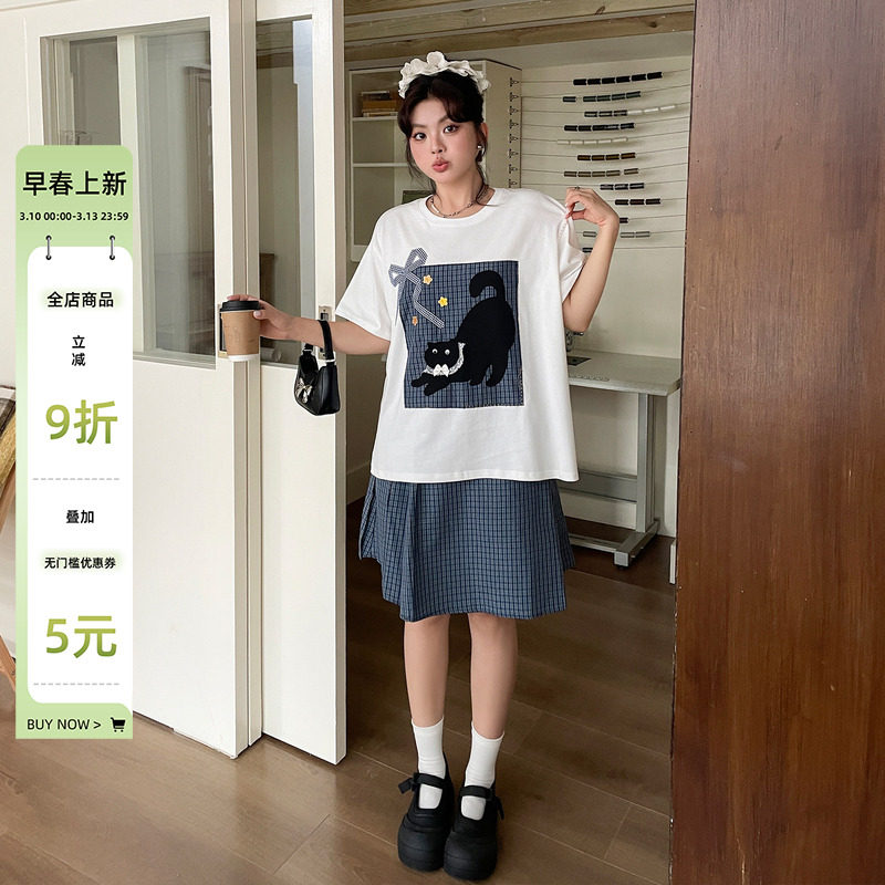夏季女时尚洋气时髦套装韩系慵懒松弛感t恤大码胖mm超显瘦半身裙