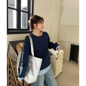 小草宽松定制独特漂亮蝴蝶结上衣大码女装秋季新款胖mm假两件卫衣