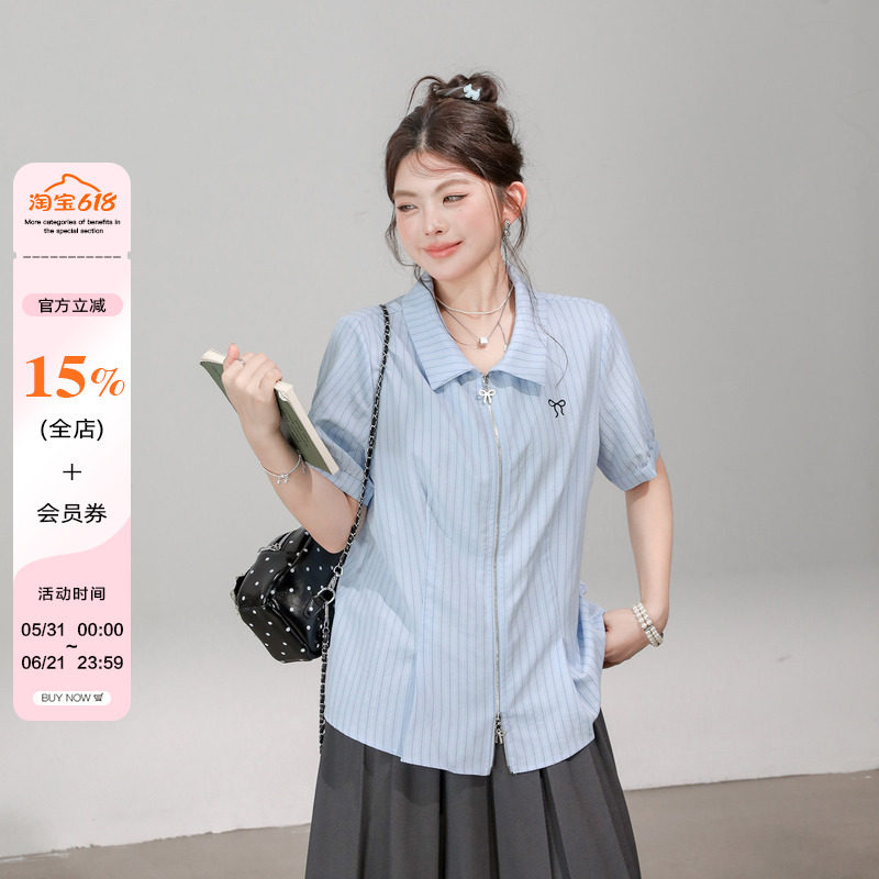 小草宽松定制蓝色条纹双拉链短袖衬衫女夏款微胖妹妹显瘦衫衣上衣