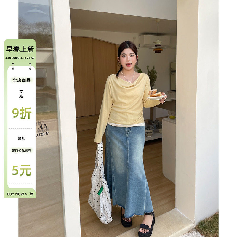 初春韩系穿搭一字肩上衣高级感胖mm大码女装甜美好看显瘦长袖t恤