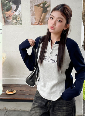 2026大码女装美式复古撞色插肩袖长袖t恤春款微胖mm收腰显瘦上衣