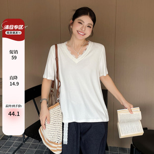 v领设计感短袖 夏装 韩系慵懒松弛感t恤蕾丝胖mm大码 2025新款 女装