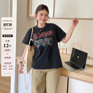 上衣胖mm美式 大码 2026超火减龄漂亮独特短袖 女款 高街显瘦t恤 春装