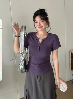 春夏女装2026新款超好看温柔独特上衣胖mm大码韩系风短款正肩t恤