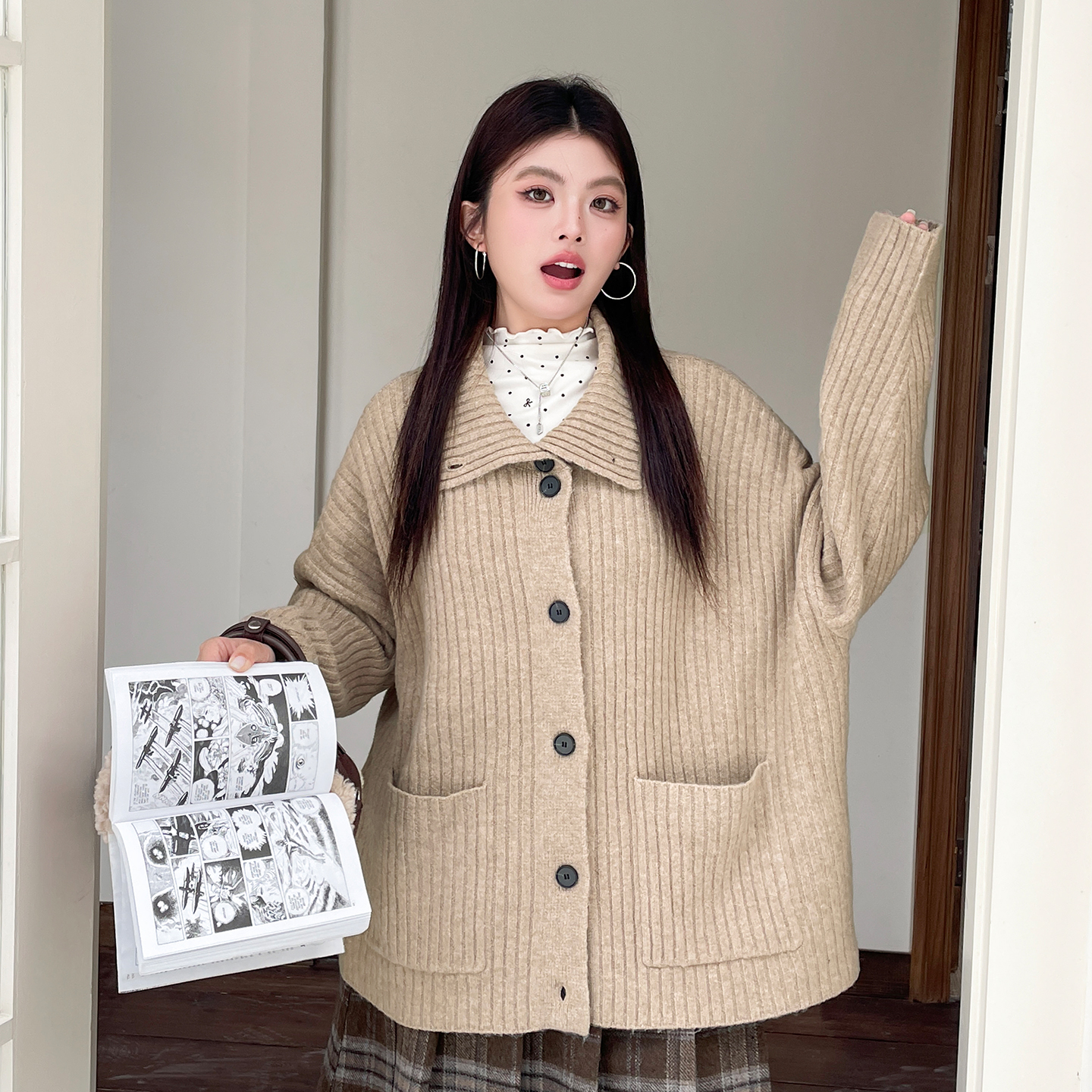 大码胖mm巨好看韩系毛衣开衫秋冬女装宽松慵懒高级感立领针织上衣