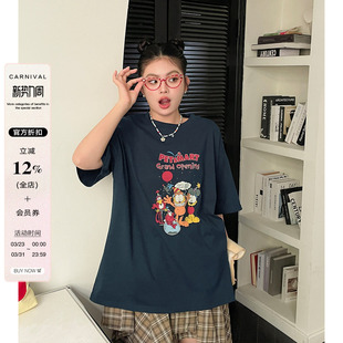 t恤大码 2026春装 韩系卡通印花短袖 女装 胖mm落肩宽松休闲上衣 新款