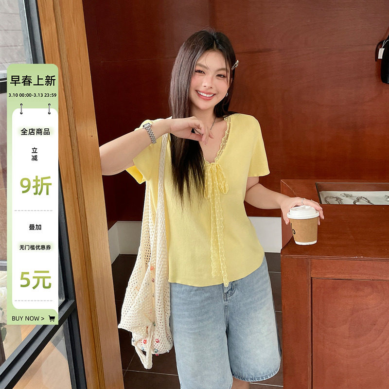 韩系穿搭夏日绝美短袖t恤胖mm大码女装蕾丝系带特别漂亮掐腰上衣