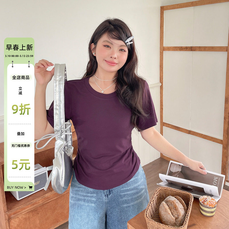 2025夏季穿搭显瘦修身美式短袖t恤胖mm大码女装独特漂亮掐腰上衣