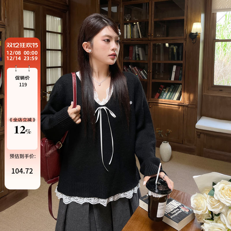大码女装胖mm绝美穿搭显瘦毛衣秋冬季高级感假两件蕾丝针织衫上衣