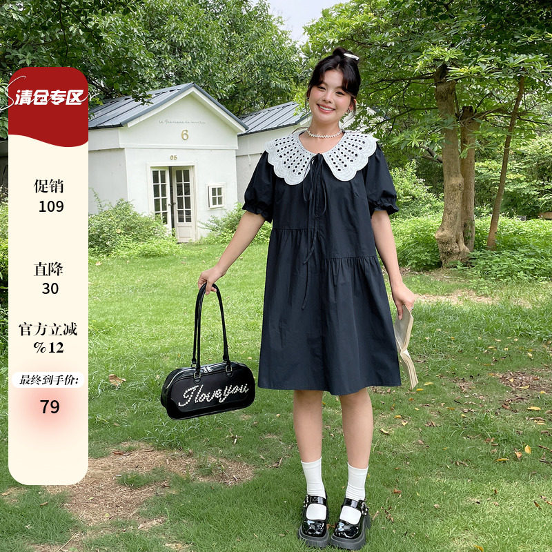 2025夏季穿搭娃娃领洋气减龄连衣裙显瘦大码女装胖mm遮肚藏肉裙子
