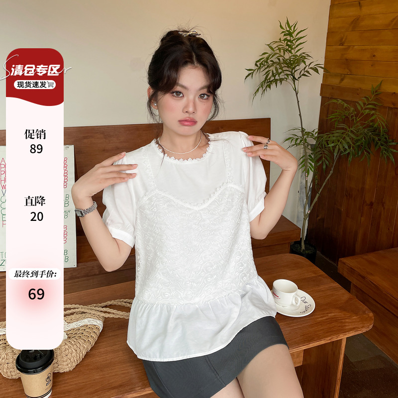 夏季穿搭2025独特超好看t恤胖mm大码女装蕾丝设计感小众绝美上衣