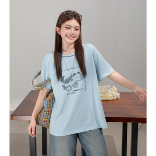 T恤女2026春夏季 大码 女装 胖mm短袖 上衣 卡通印花宽松显瘦韩系半袖