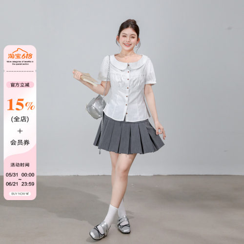 小草宽松定制微胖韩系甜美气质娃娃领短袖衬衫女2026夏季新款上衣