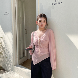胖mm大码 网纱系带显瘦长袖 衬衣女2026早春别致很仙 上衣 绝美春装