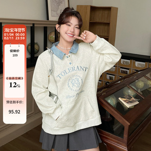 秋天巨好看的上衣大码女装新款胖mm设计感撞色polo领正肩显瘦卫衣