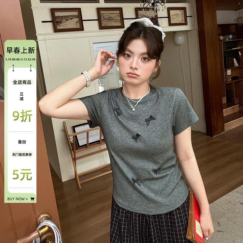 2026夏新款甜美少女正肩大码显瘦短袖胖mm蝴蝶结拼接圆领修身T恤