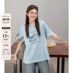 复古卡通印花宽松韩系半袖 大码 T恤女2026夏季 胖mm短袖 上衣 女装